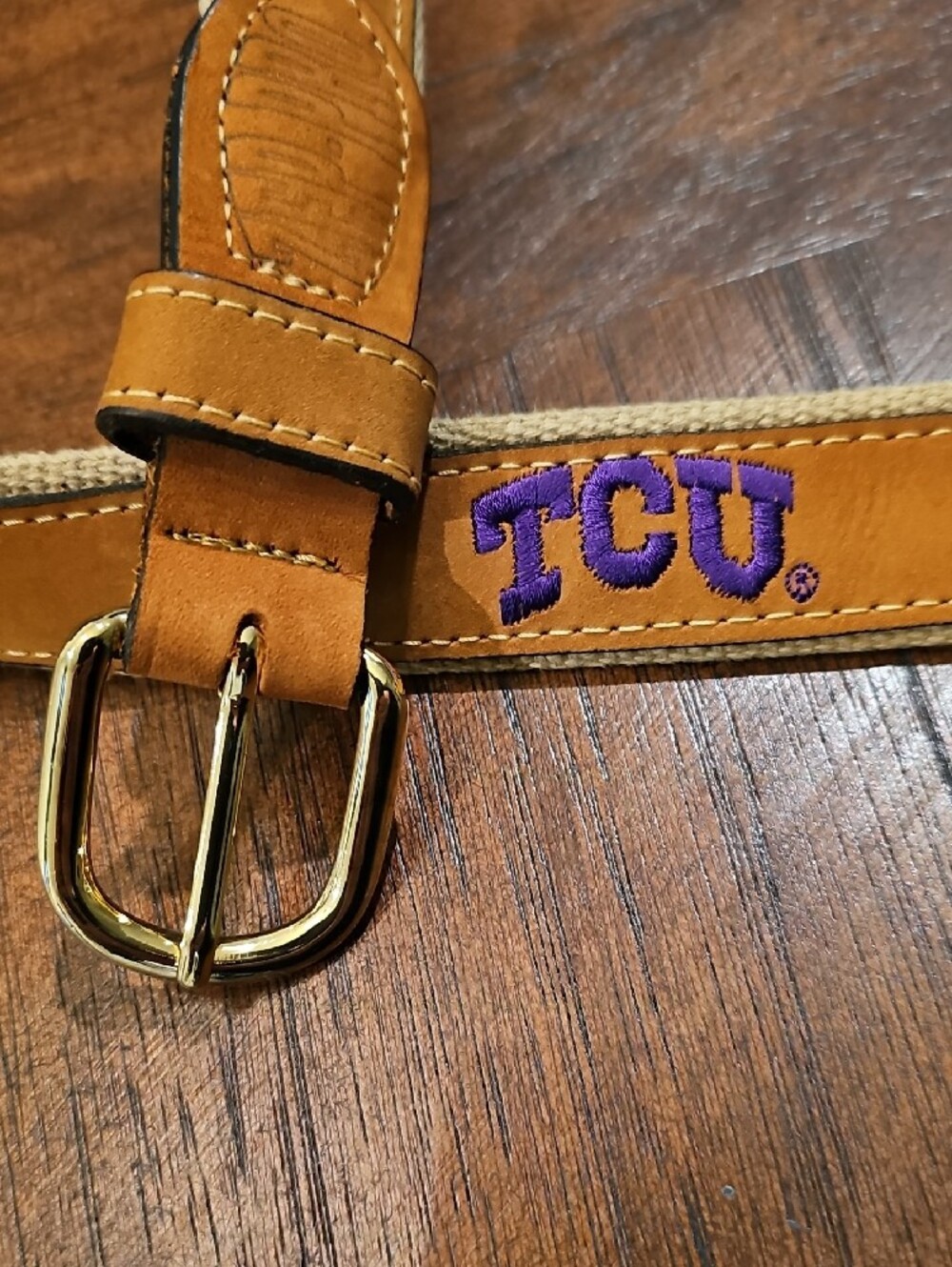 TCU Belt Tan Leather, Tan Fabric Gold Buckle Sz 38, Sz L